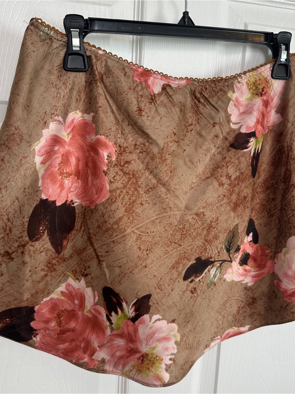 Brown Floral Satin Skort with Pink Rose Print - Picture 6 of 7